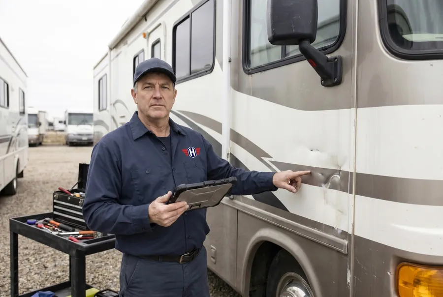 Technician documenting RV damage for an insurance claim