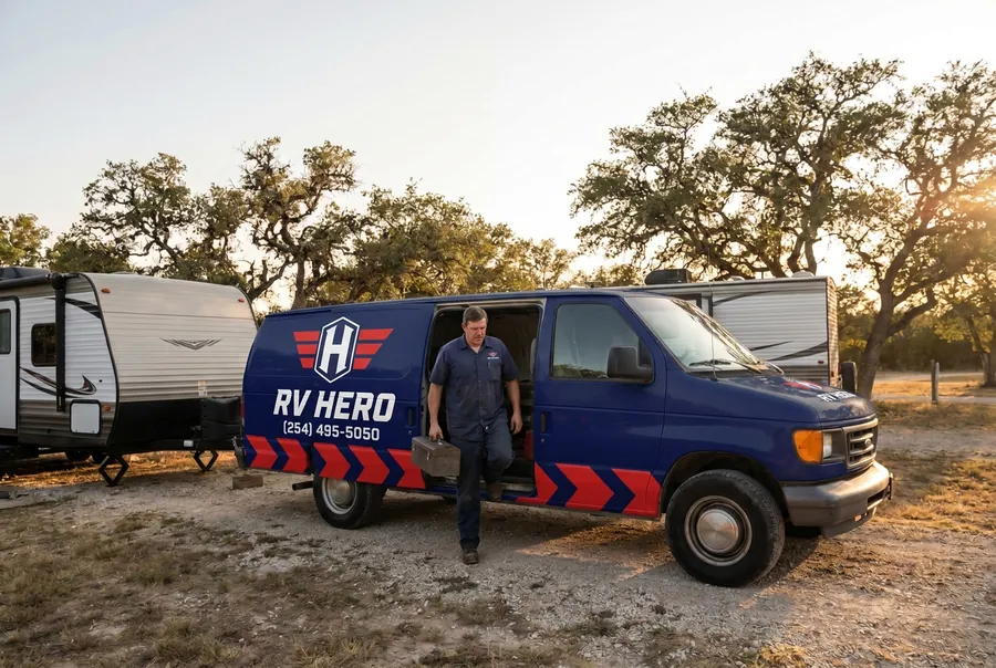 Mobile RV repair van at a Texas campsite