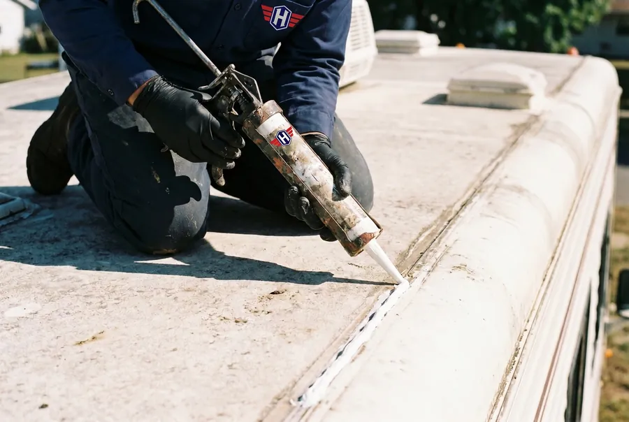 Technician resealing an RV roof seam