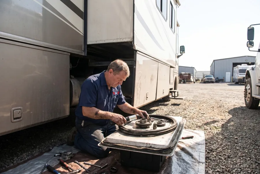 Technician servicing an RV slide-out
